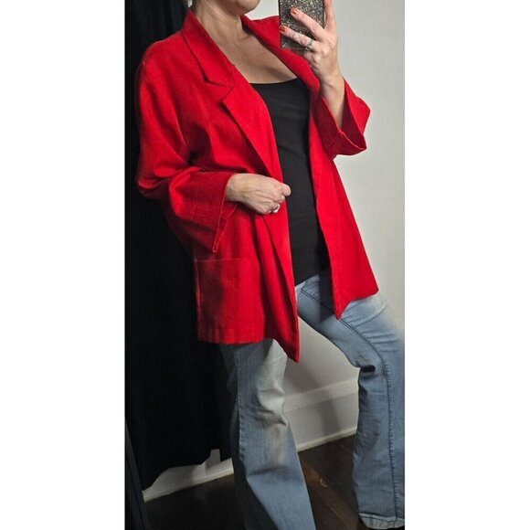 Vintage 80s 90s Cherry Red Lightweight Oversized Blazer Open Front - Picture 13 of 13